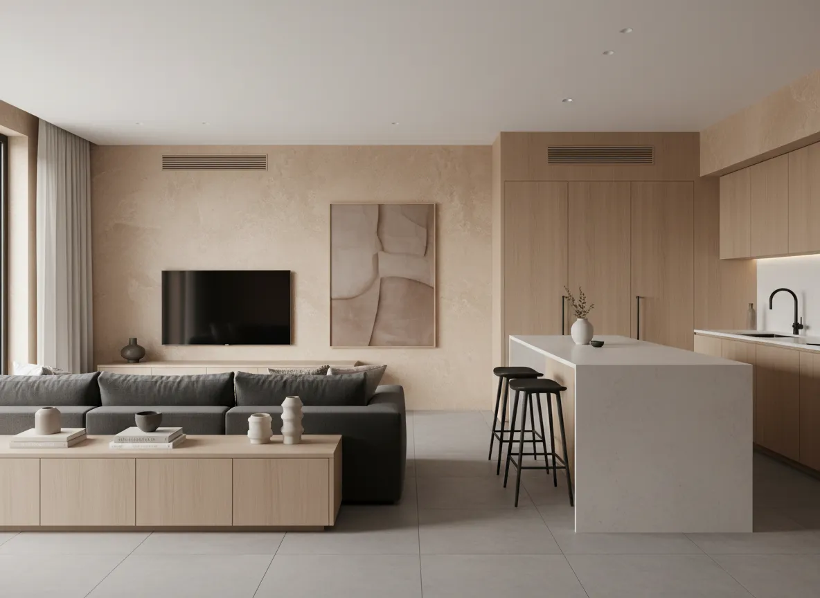 Detalle de revestimiento cálido en pared de estar