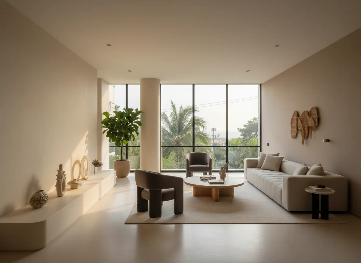 Sala de estar con revestimiento continuo en tonos cálidos