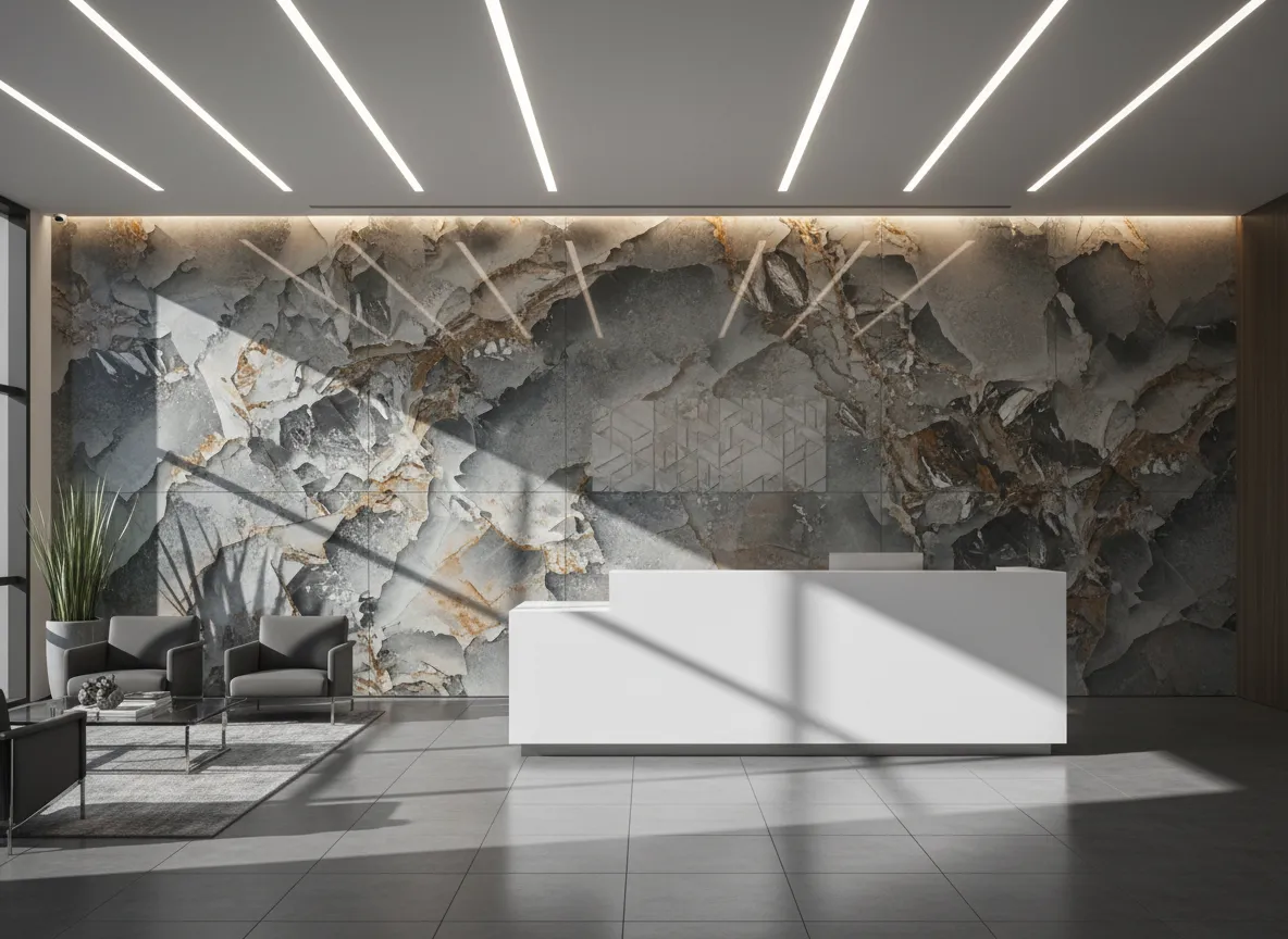 Recepción corporativa con muro texturizado