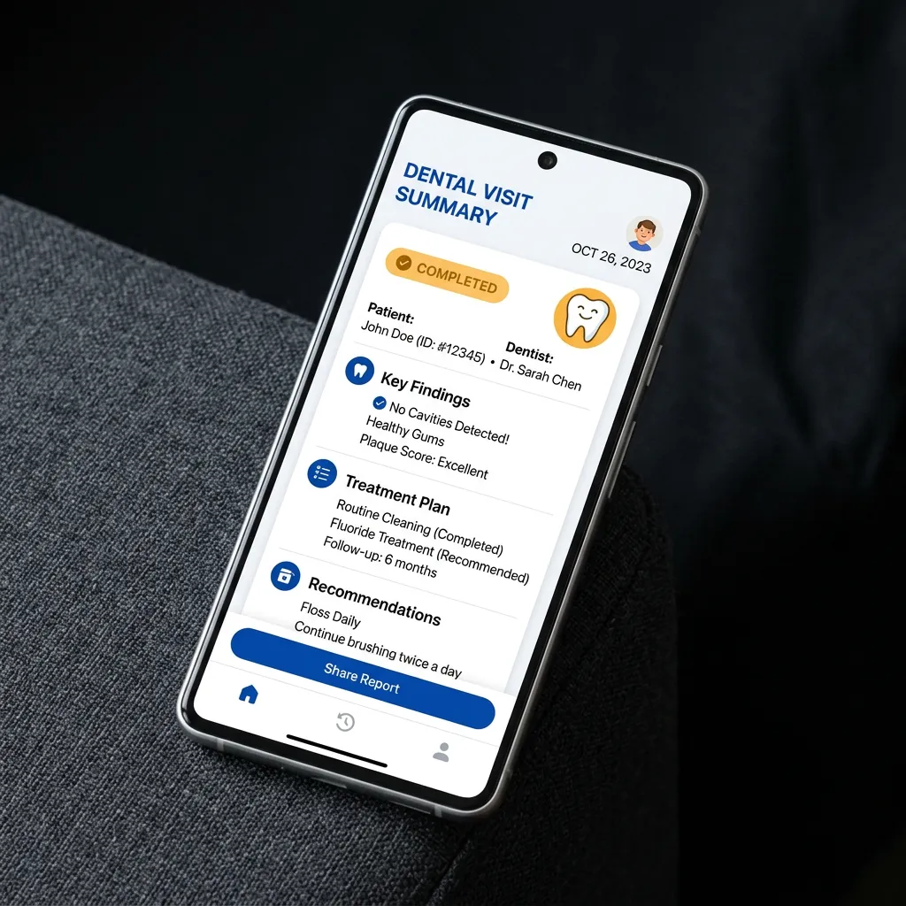 Digital student dental report summary dashboard on mobile screen