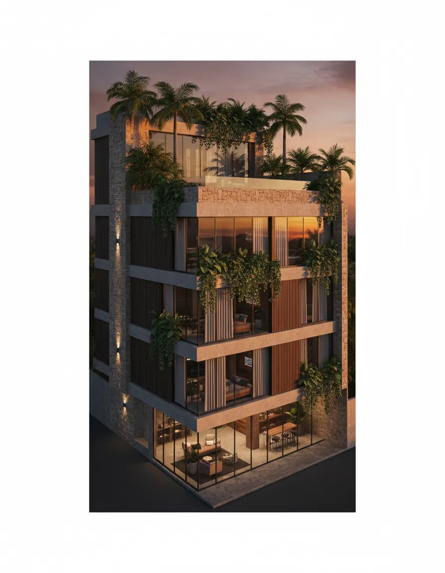 Render de fachada y áreas sociales del proyecto Dekat Pance en Cali