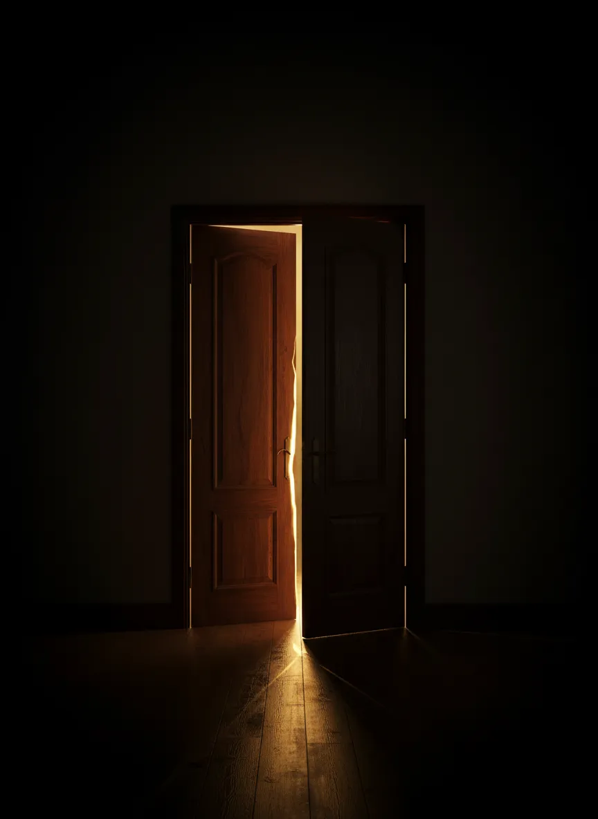 A mysterious atmospheric opening to the unknown, glowing with subtle gold light in the darkness.