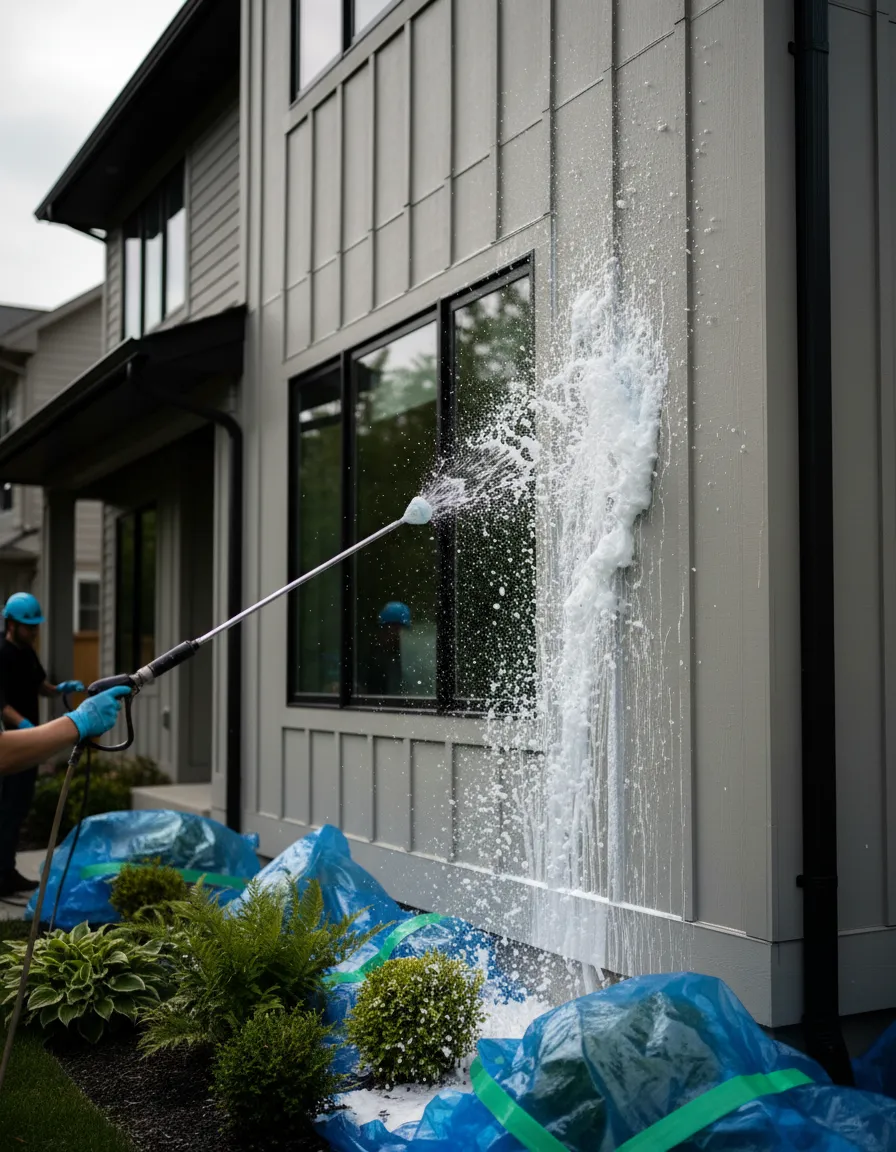 Low-pressure soft washing of a home exterior