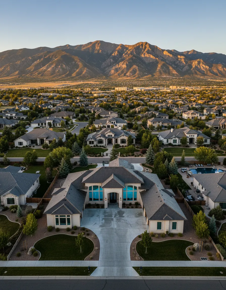 Beautiful lifestyle shot of Utah mountains and valley with a pristine home exterior