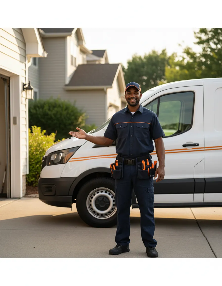 Friendly garage door technician next to a branded service van in League City