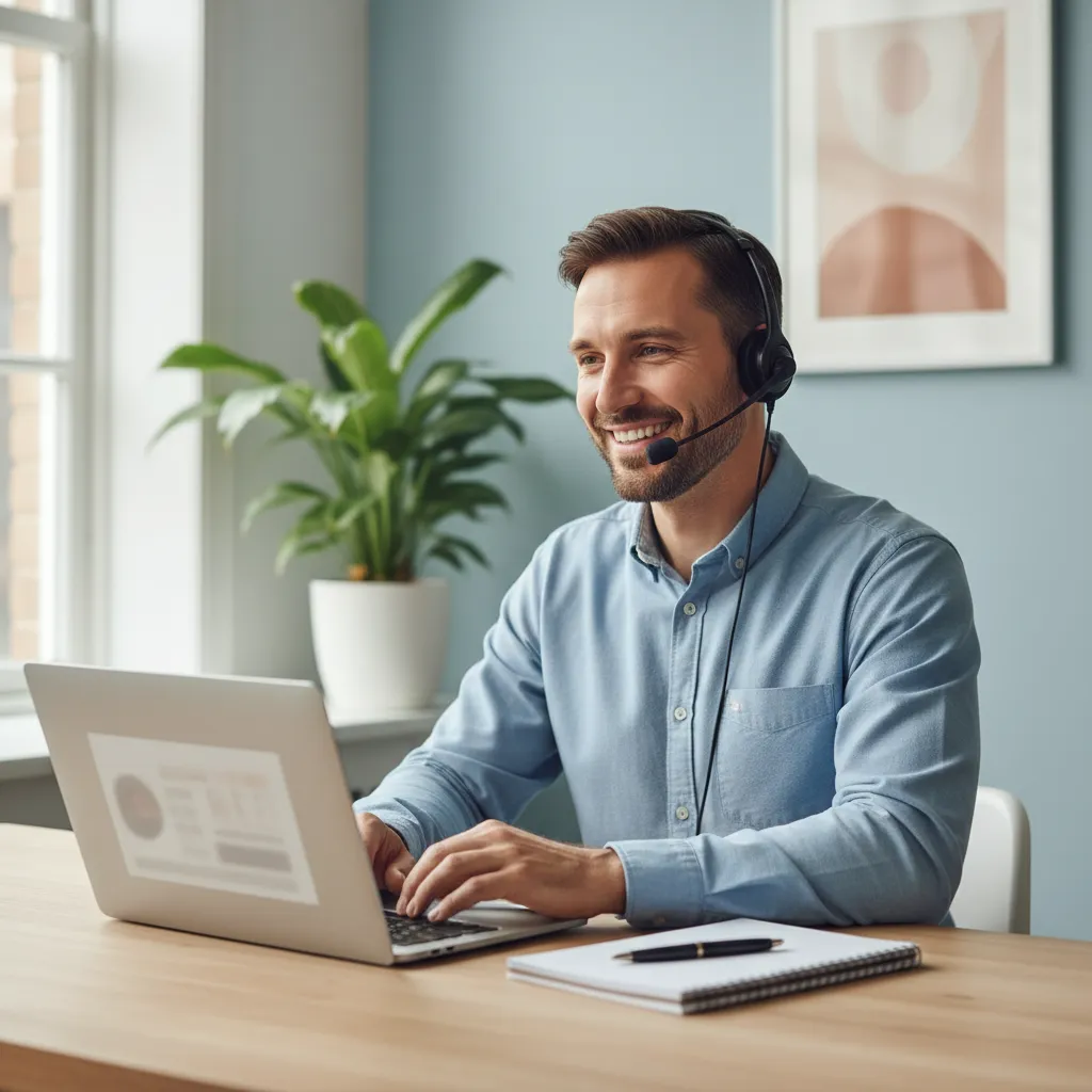 A friendly male customer support agent in his 30s, wearing a headset and casual shirt, smiling at his desk with a laptop and notepad. The workspace is bright and organized, with a plant and motivational quote in the background.