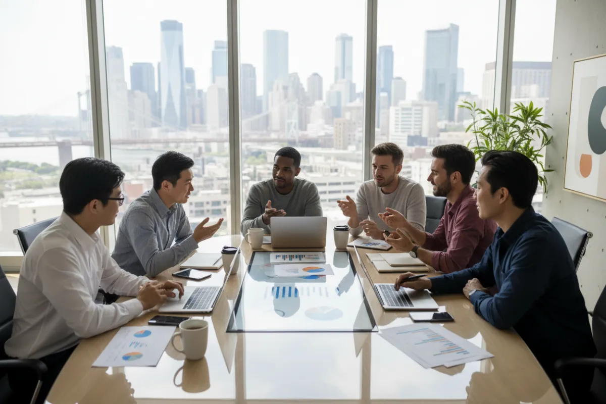 A diverse group of marketing professionals collaborating around a table with digital devices, charts, and coffee mugs, set in a bright, modern office with large windows and city views. The team appears engaged and enthusiastic, representing a dynamic, creative work environment.