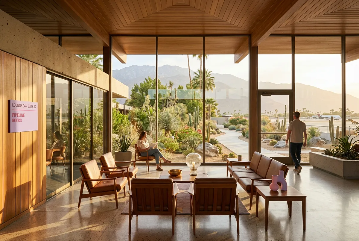 Architectural terminal lounge with mid-century teak finishes and sunlit glass walls overlooking desert gardens