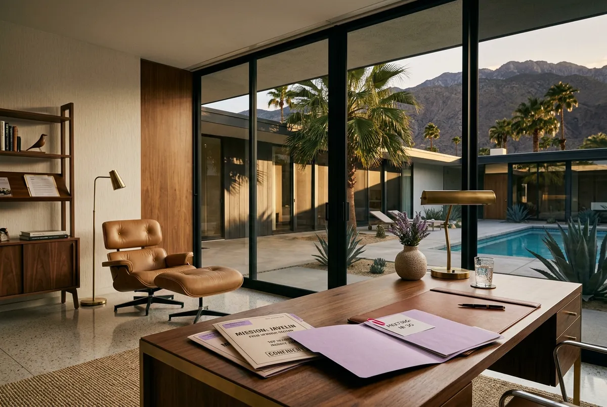 Sleek mid-century executive suite overlooking Palm Springs desert courtyard with confidential mission file folders