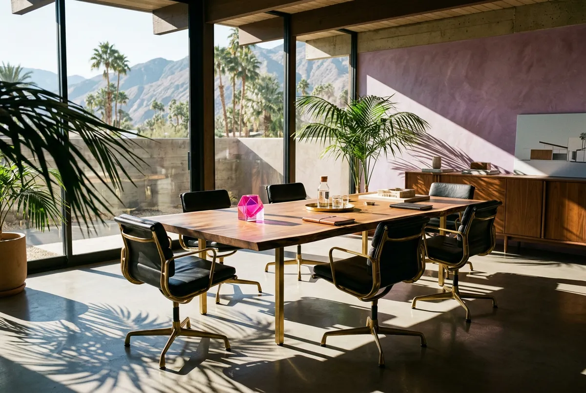 Palm Springs mid-century architectural studio with sunlit executive conference table and palm leaf shadows