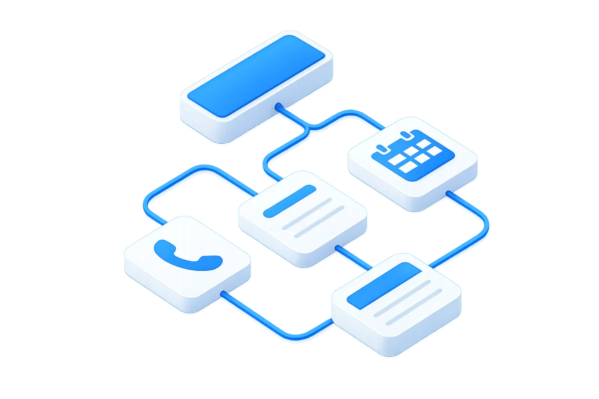 Isometric 3D automation workflow object with phone and calendar, blue-accented panels, vector illustration