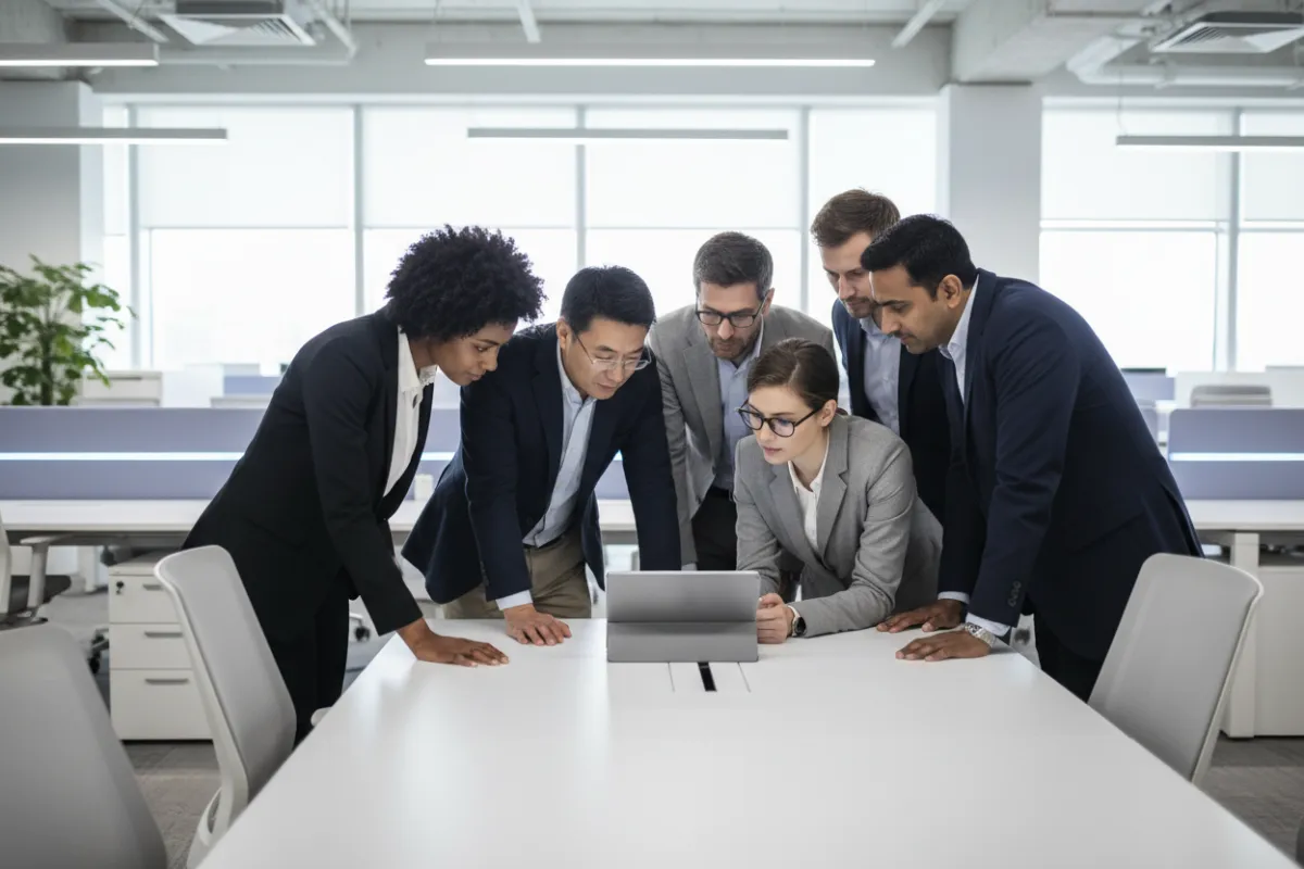 A diverse group of adults attentively reading website terms on a digital tablet in a modern, well-lit office. The group includes men and women of different ages and backgrounds, all focused and engaged. The setting is professional, with clean lines and subtle blue accents. 3:2 aspect ratio.