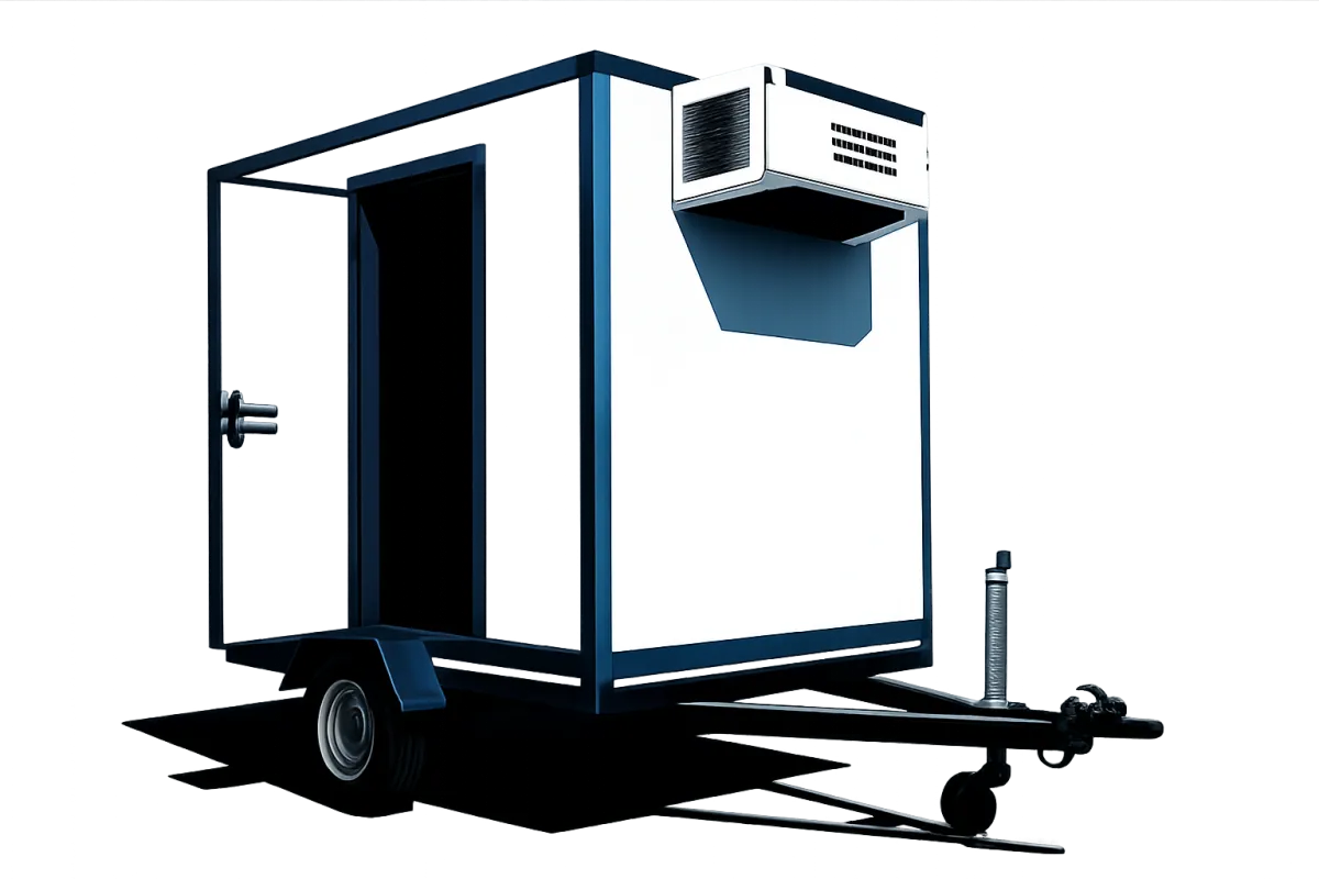 Modern refrigerated walk-in trailer, isolated, 3:2 aspect ratio, white with blue accents, no background.