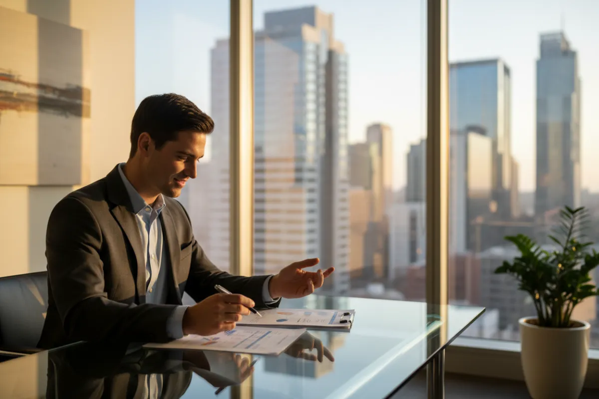 Professional man smiling, seated at desk with laptop, modern office, welcoming demeanor, 3:2 aspect ratio