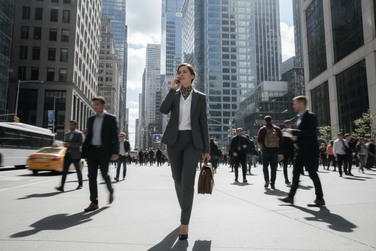 Professional woman on phone in city, holding briefcase, confident stride, urban background, 3:2 aspect ratio