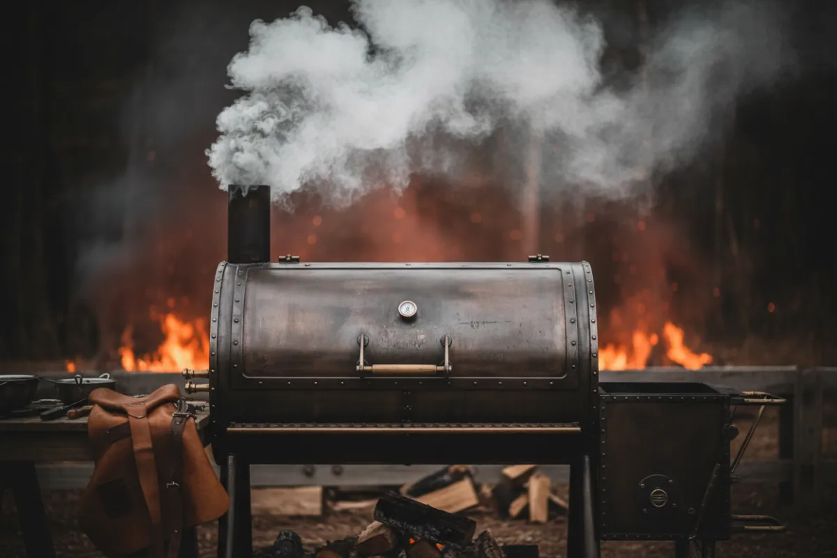 Sponsor tile featuring a metal-plated BBQ smoker with smoky backdrop in editorial style.
