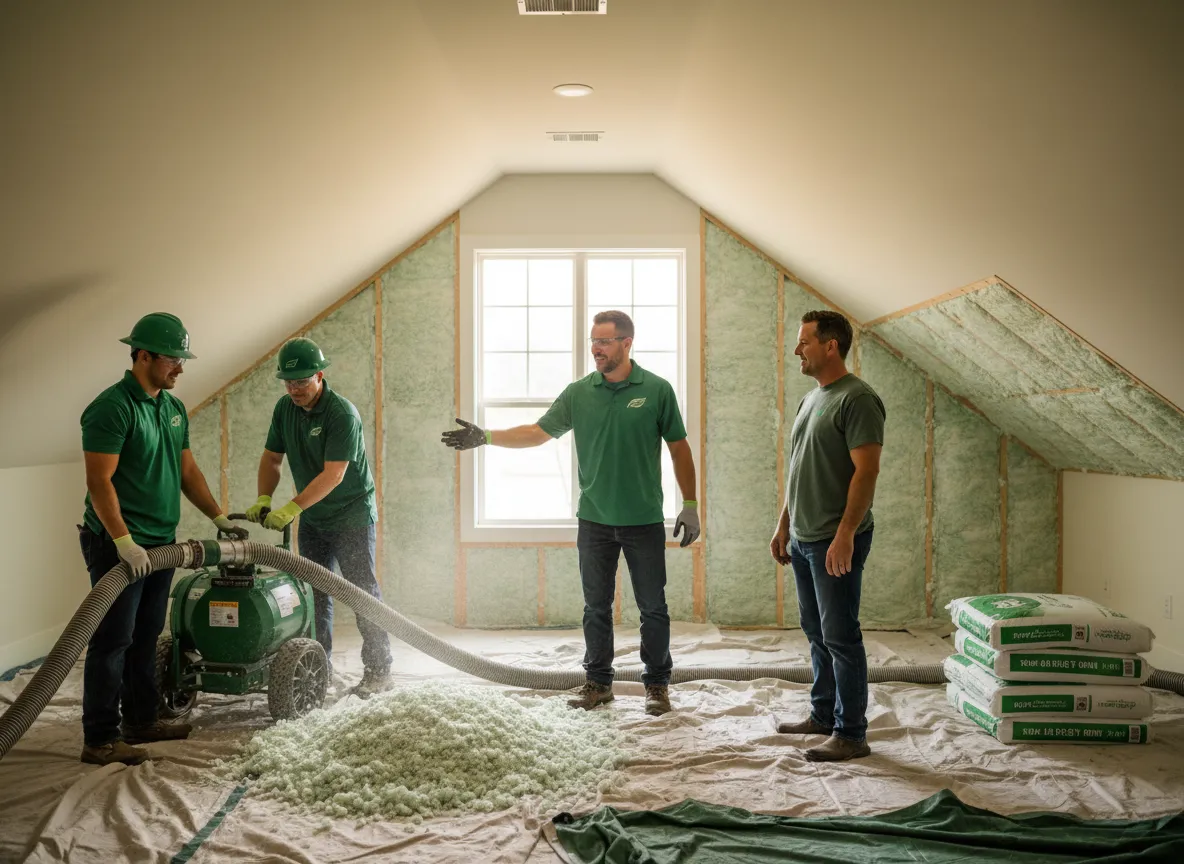 Professional insulation crew working in an East Texas home
