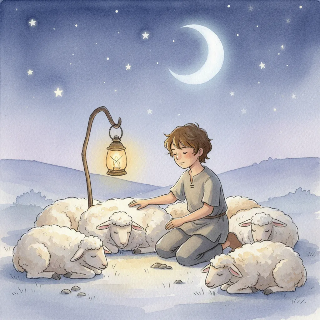 Watercolor illustration of young David tending sheep at night