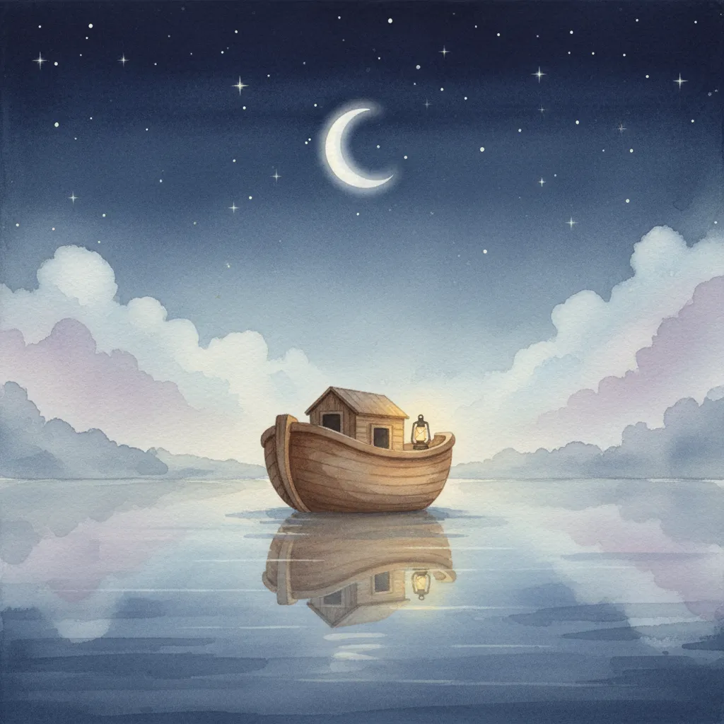 Watercolor illustration of Noah's Ark under a starry sky