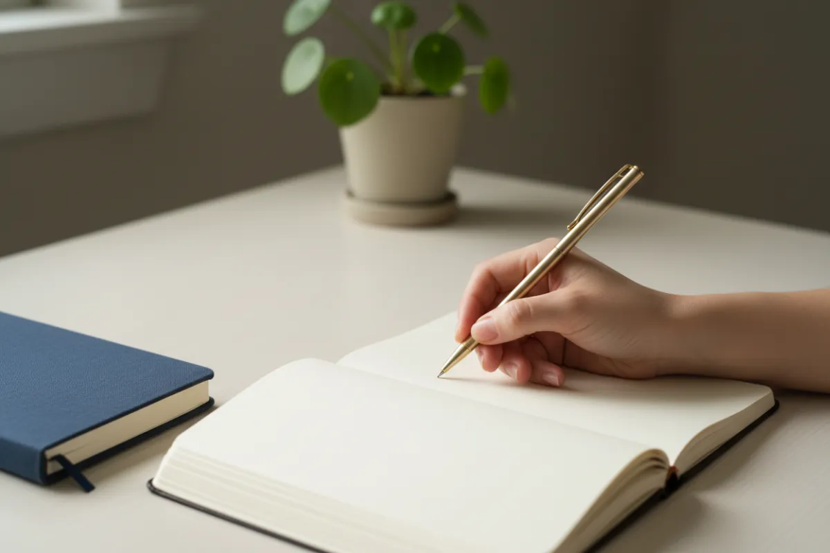 A close-up of a hand writing in a journal on a cream desk, with a gold pen, soft navy notebook, and a subtle plant in the background. The scene is tranquil, with natural light and a muted palette, evoking introspection and personal growth. No faces are visible, emphasizing privacy and reflection.
