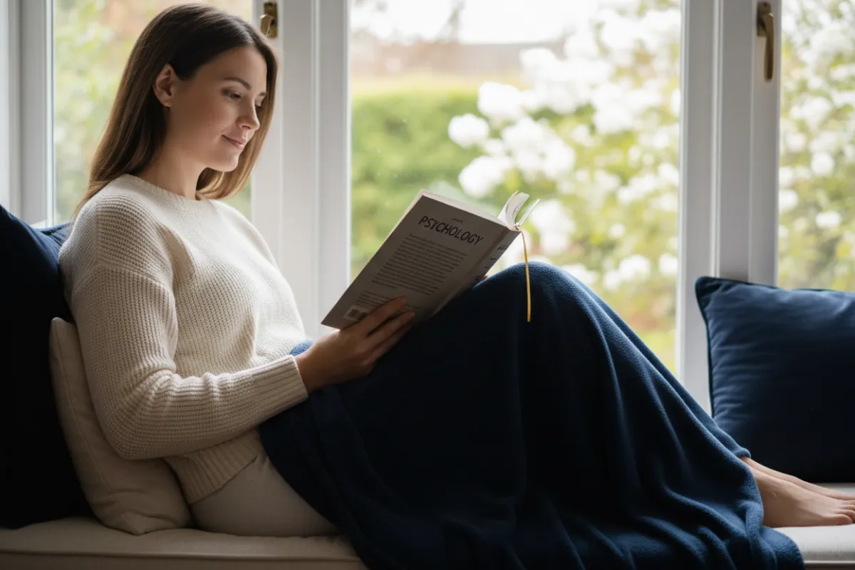 A gentle, candid photo of a person sitting at a window seat, reading a psychology book with a gold bookmark. The setting is bright, with navy and cream accents, and the subject appears calm and focused. The composition emphasizes solitude, learning, and a sense of peaceful transformation.
