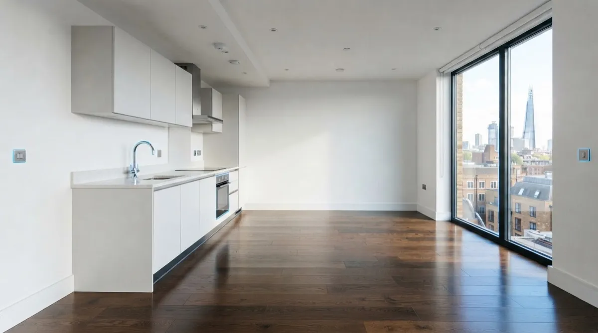 Sparkling kitchen and living area after complete end of tenancy clean in London apartment