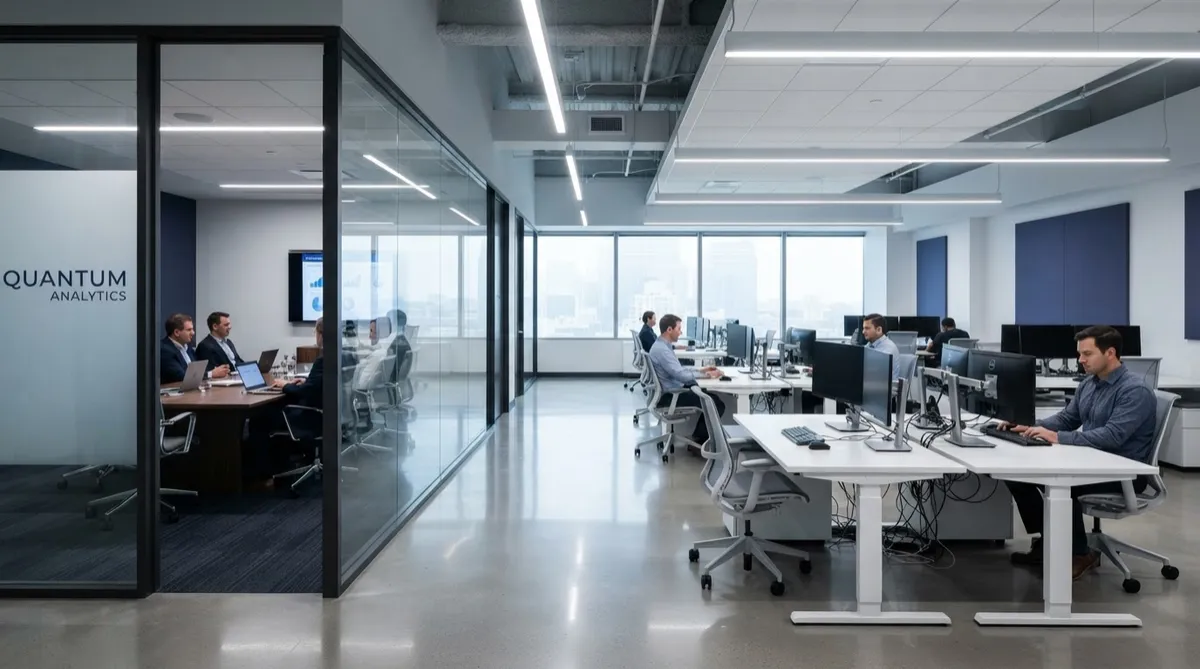 Spotless modern open-plan London commercial workspace and boardroom after scheduled evening service