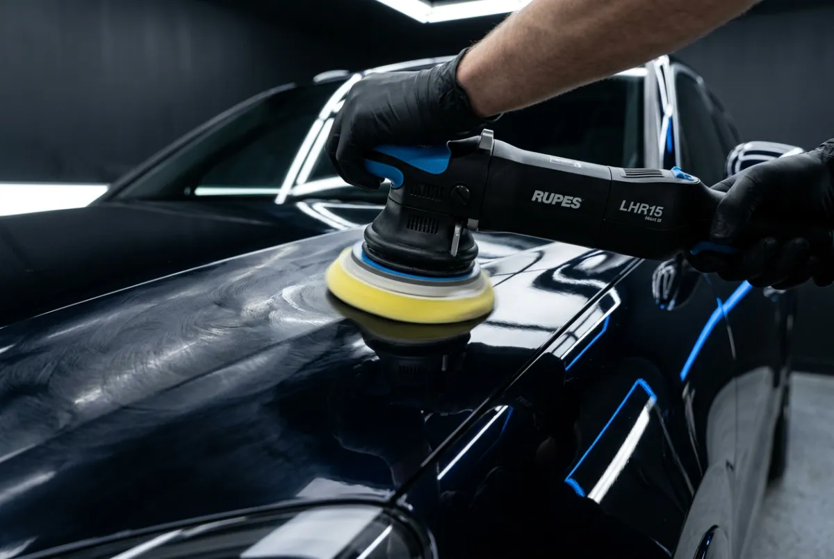 Dual action machine polisher leveling scratches and swirl marks on dark SUV clear coat