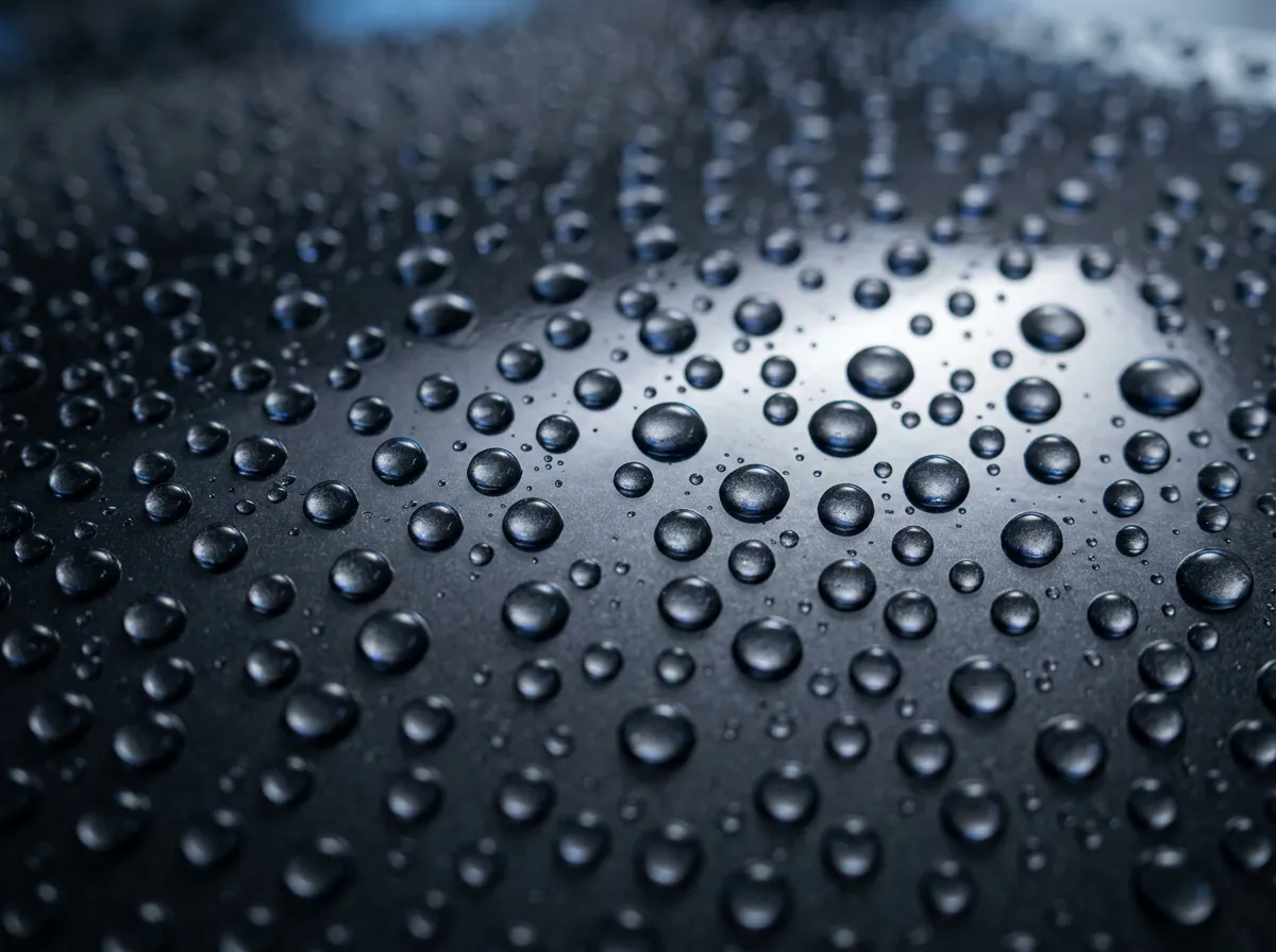Macro shot of tight hydrophobic water beading on glossy ceramic-coated truck paint