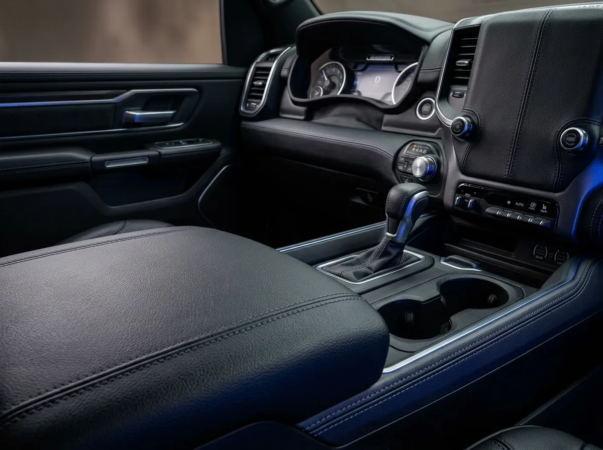 Detailed leather center console and pristine truck cabin interior