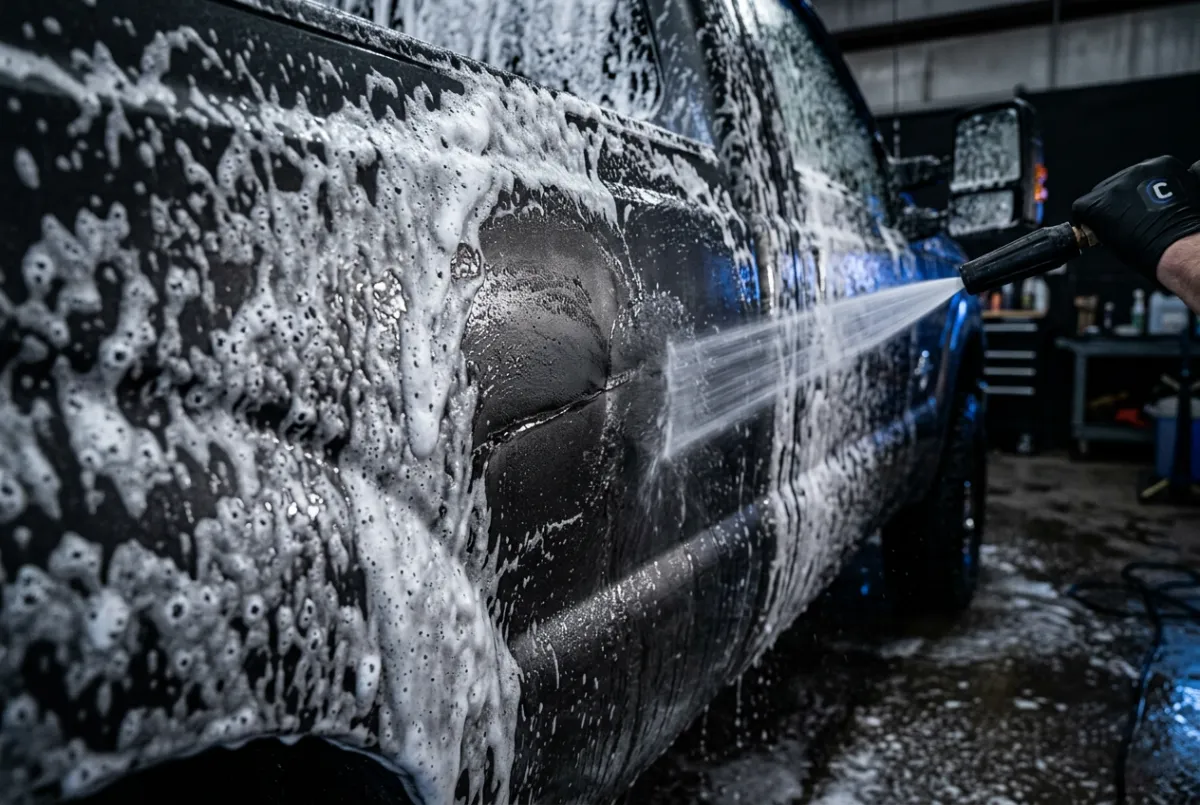 Close up photo of high-foaming pH neutral decontamination wash on truck clear coat