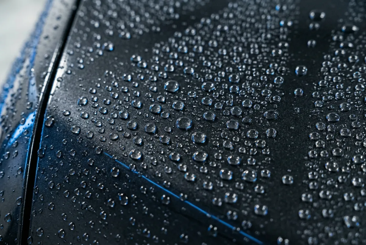 Macro view of extreme hydrophobic water beading on ceramic coated truck fender