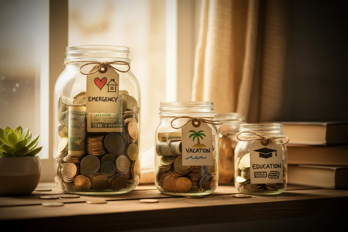 Savings jars labeled for specific financial goals