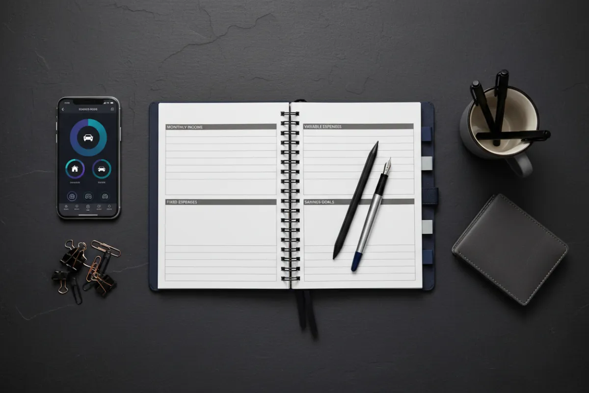 Overhead flatlay of budgeting tools, spreadsheet and receipts