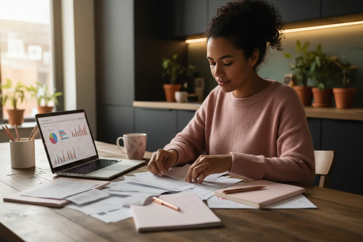 Person organizing finances with receipts and ledger