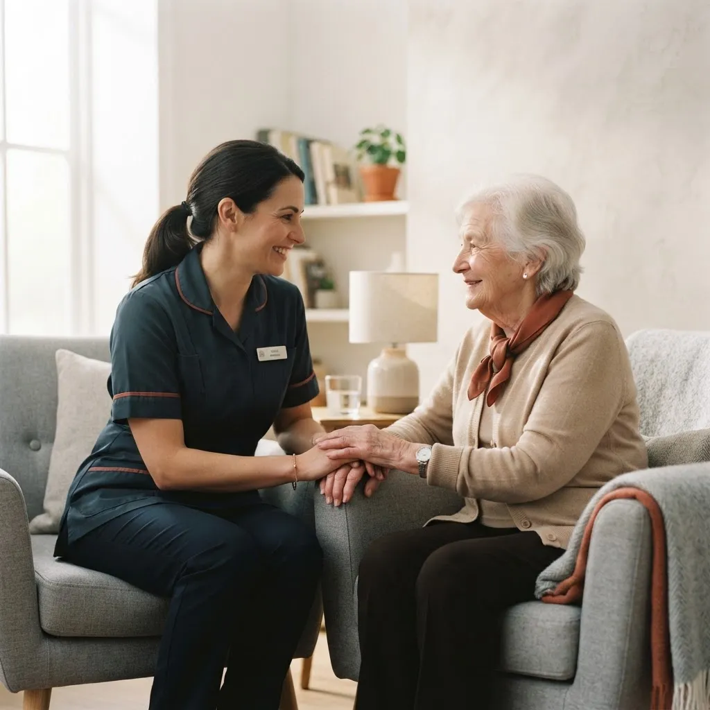 Dedicated Qualicare caregiver warmly assisting an elderly woman in her naturally lit living room