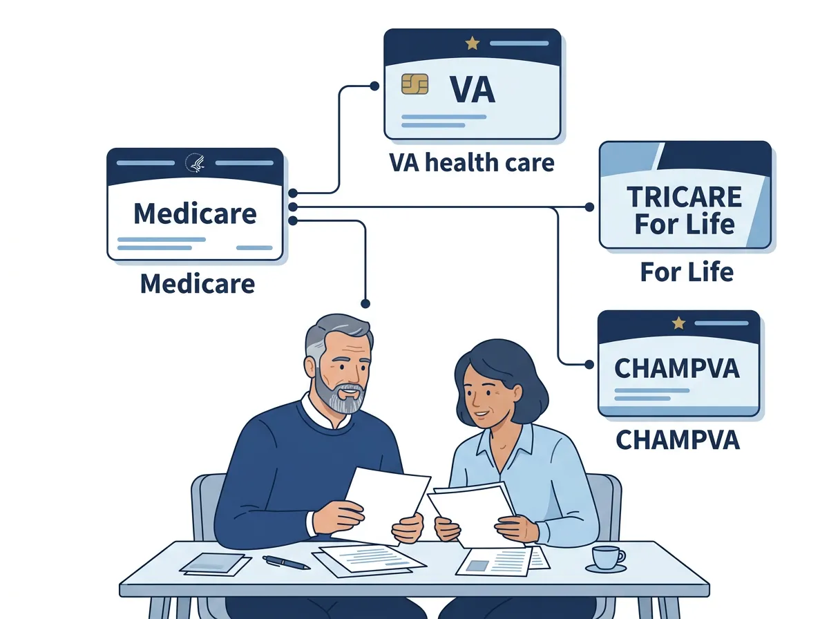 Educational illustration showing how Medicare may coordinate with VA health care, TRICARE For Life, and CHAMPVA (rules vary by program).