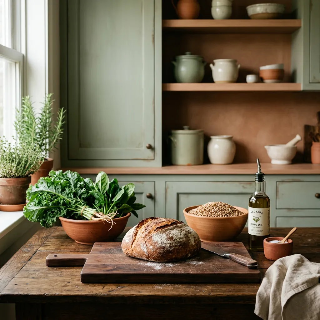 Warm naturally lit modern kitchen with fresh whole ingredients, cutting board, and olive oil on an earthy countertop