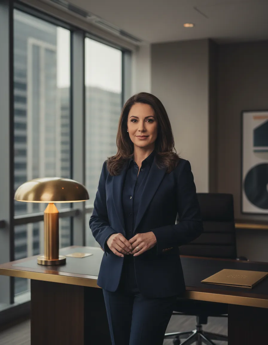 Editorial photo of a Texas real estate agent confidently standing in a modern office space
