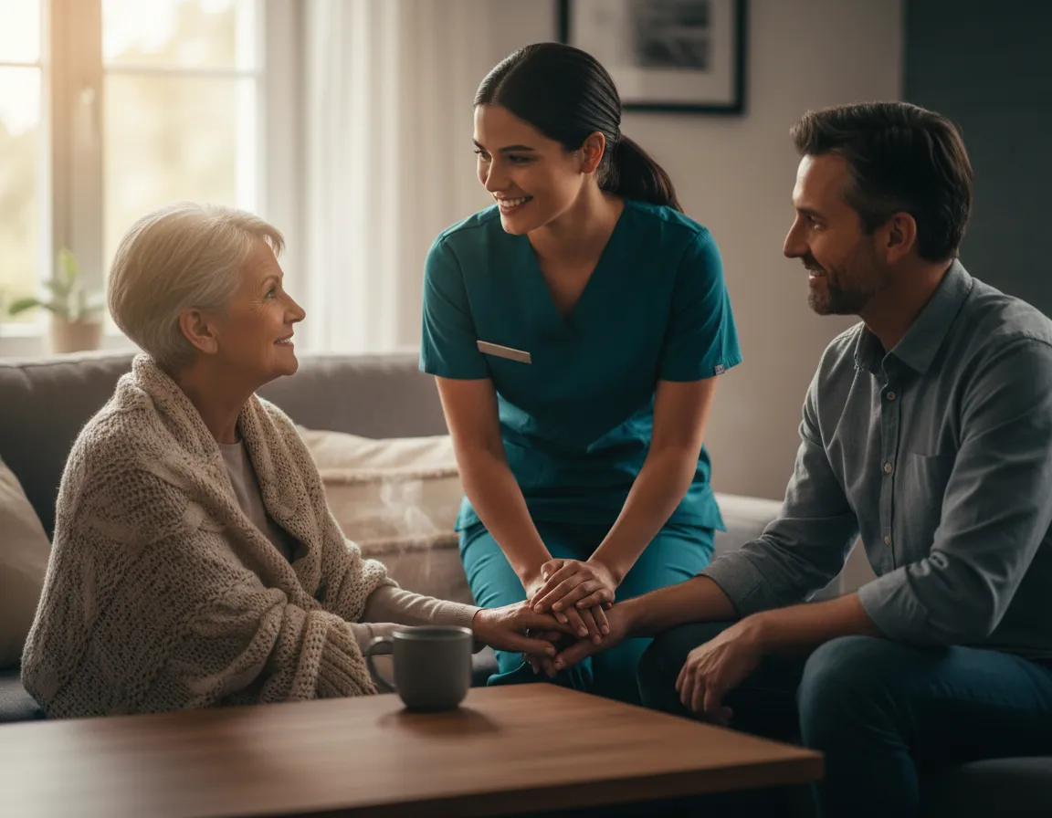 Nurse collaborating with family and care team at home