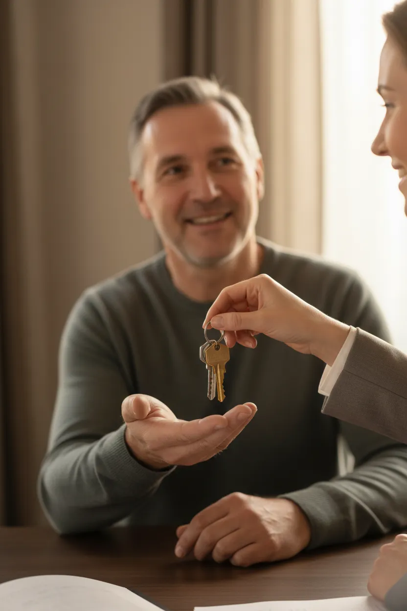 Homeowner handing keys to a closing agent, conveying relief and a fast home sale.