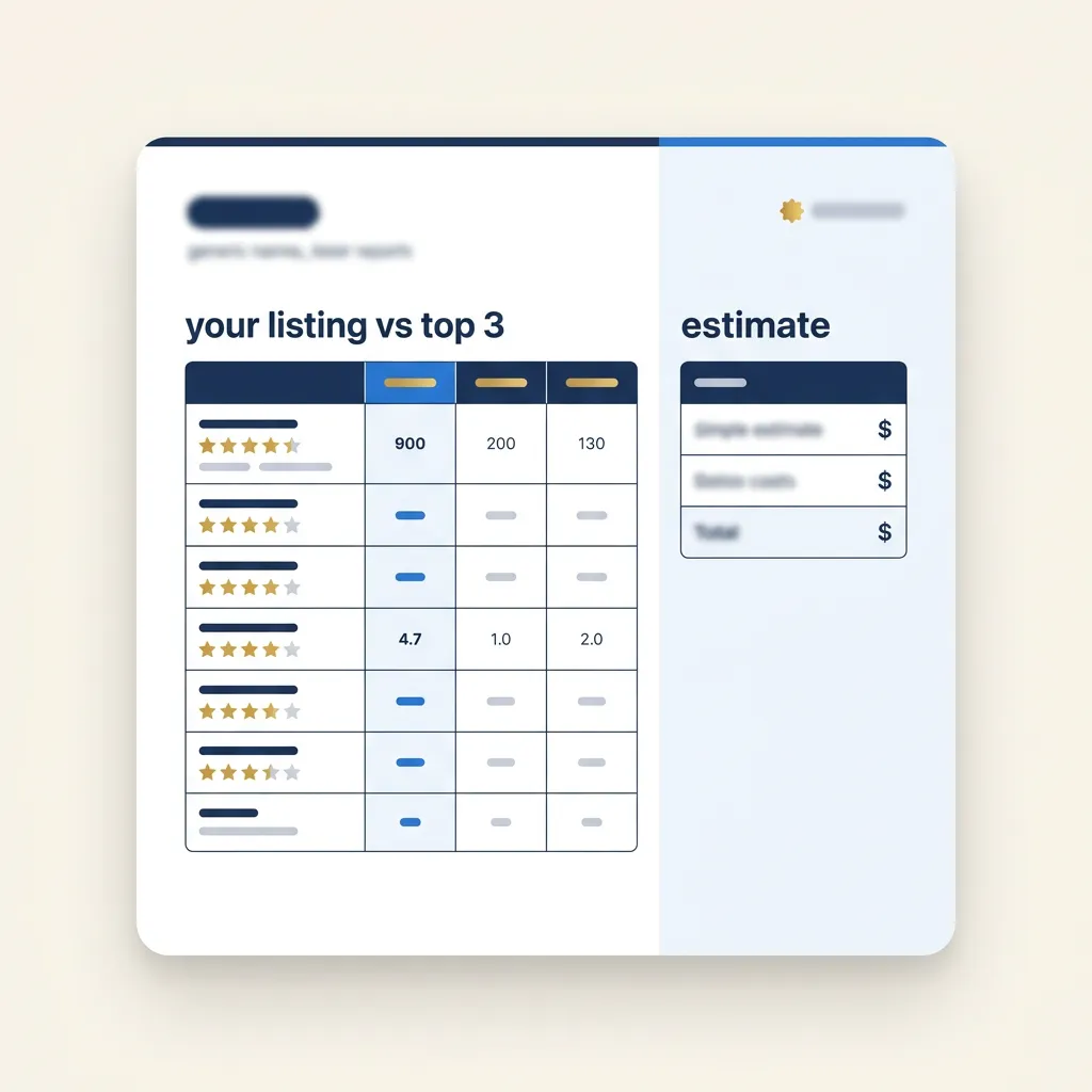 Sample True Cost Review Report: your Google listing next to the top 3 and what the gap may cost you