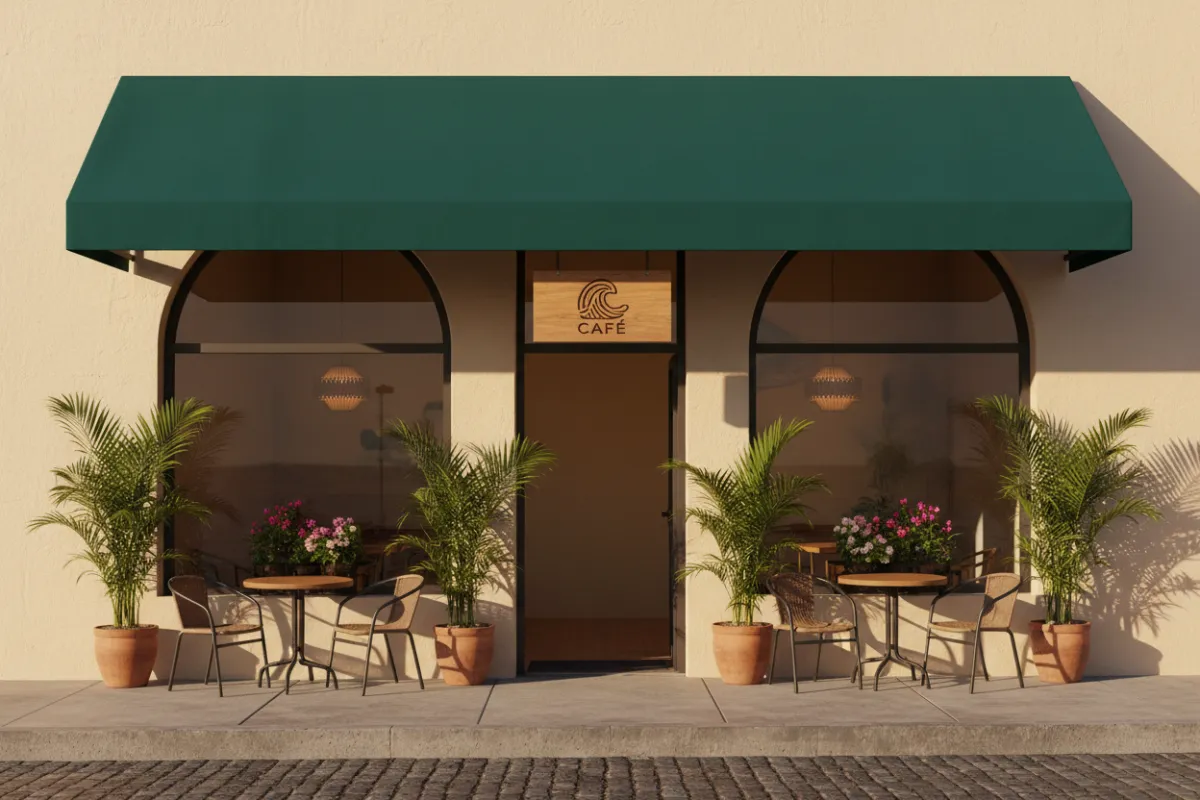 Exterior de Brisa Alta Café con toldo verde, mesas en la acera y entrada acogedora.