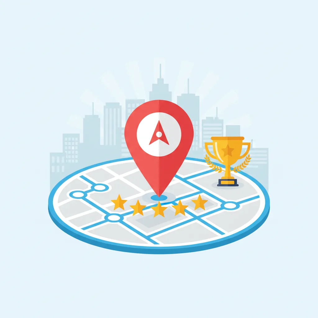 A flat vector scene of a business location pin on a map, surrounded by gold stars and a trophy, with a subtle cityscape in the background. The image conveys local search dominance and competitive advantage.