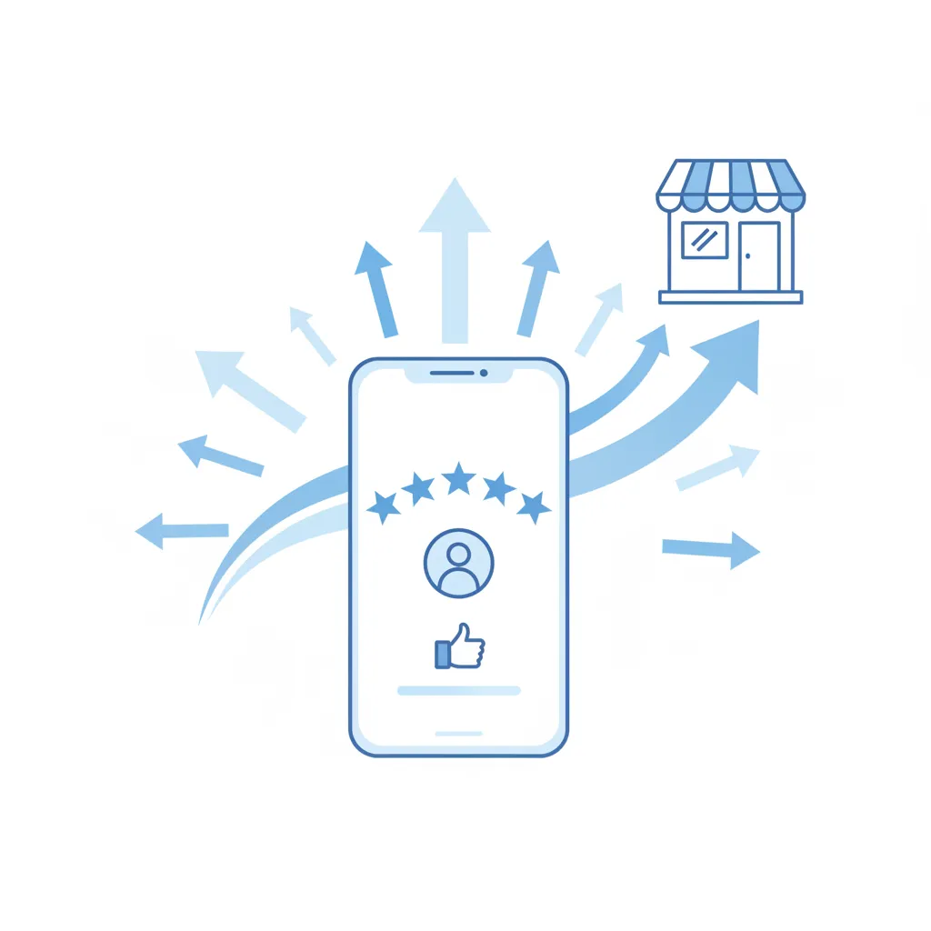 A flat vector illustration of a smartphone displaying a five-star Google review, surrounded by upward-pointing arrows and a small business storefront. The color palette uses blue and white, and the composition emphasizes digital growth and trust.