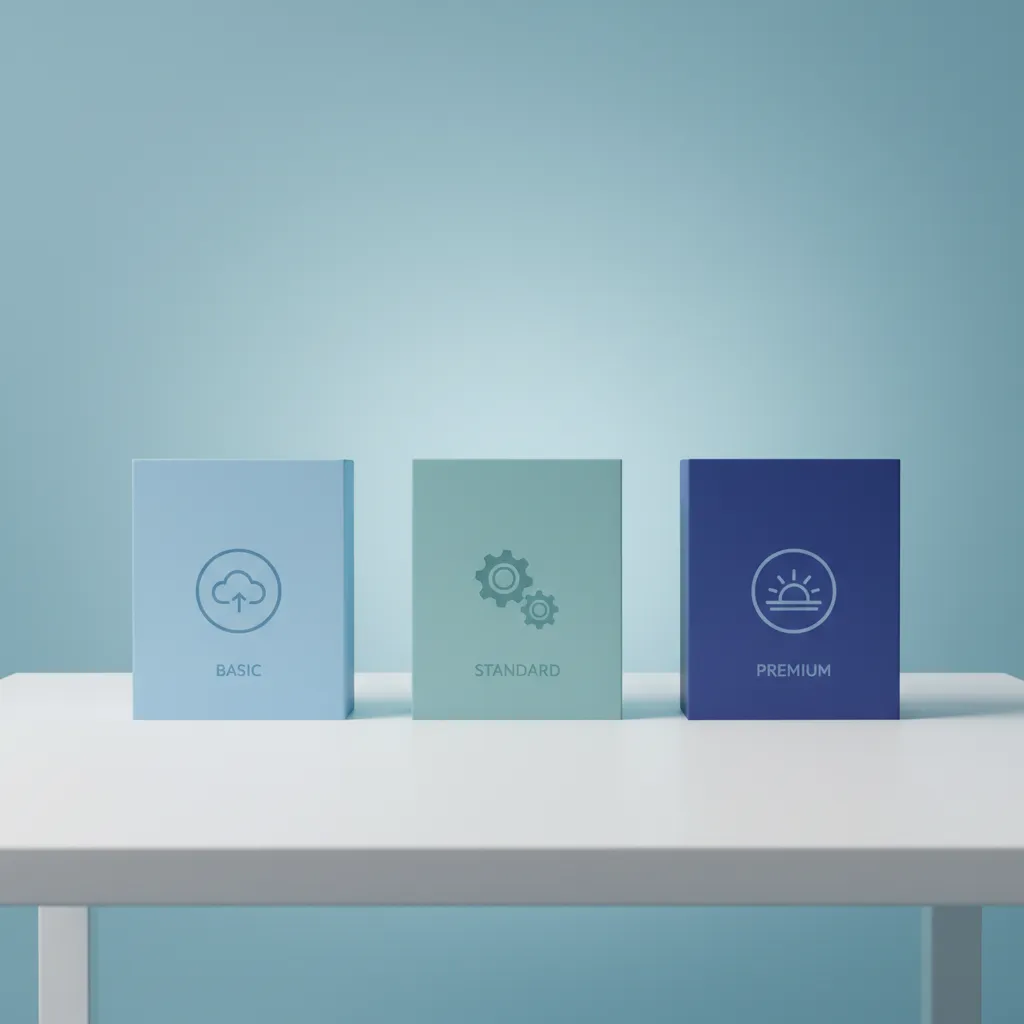 Minimalist product mockup showing three distinct service package boxes
