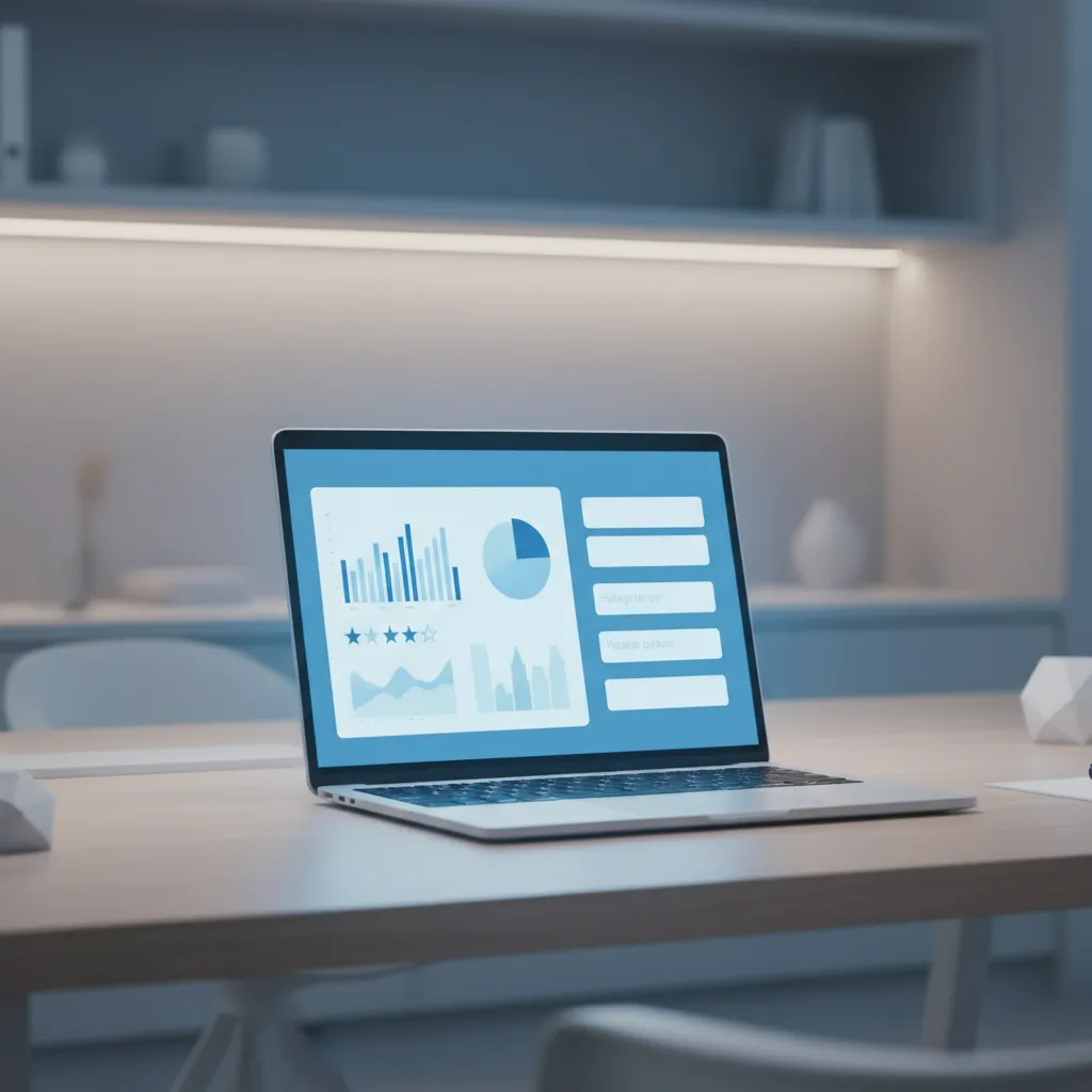 Digital dashboard on a laptop showing review analytics and package options