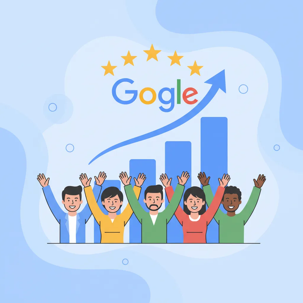 A flat vector image showing a bar graph rising above a group of happy customers, with a Google logo and stars above. The background is light with blue accents, symbolizing increased sales and customer satisfaction.