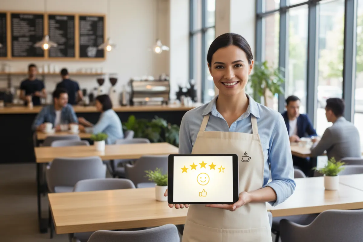 A photorealistic image of a smiling woman in her café, holding a tablet displaying a five-star Google review. The café interior is bright and modern, with customers in the background, emphasizing a welcoming and successful business.