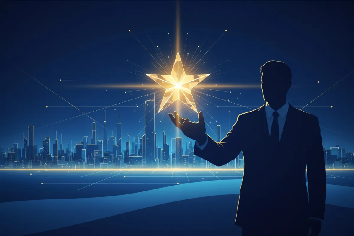 A conceptual digital artwork of a business owner reaching out to touch a glowing five-star icon, with a city skyline in the background. The scene uses blue and gold tones, symbolizing ambition and digital transformation.